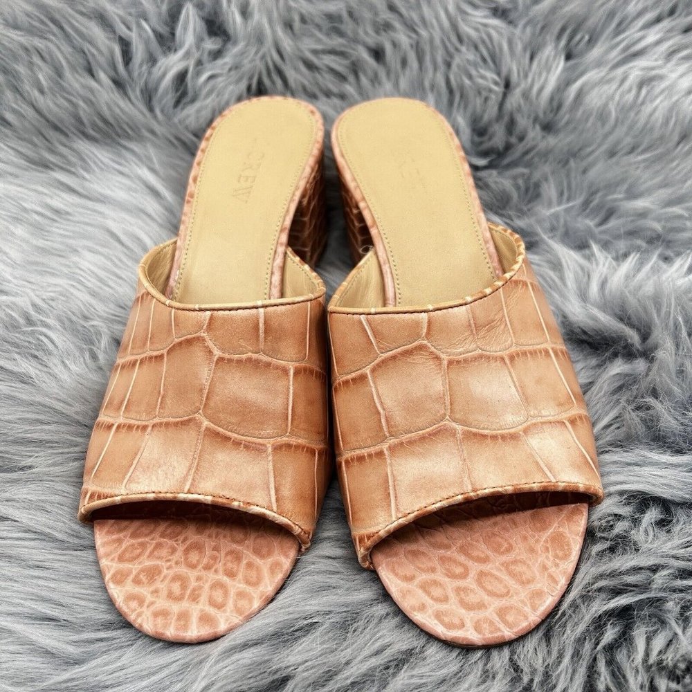 J. Crew Croc Embossed Leather Peep Toe Block Heel Slide Sandals Womens Sz 8 NEW - Picture 2 of 8